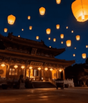 古建上空放飞孔明灯场景8132#横屏 