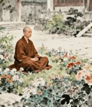 古风寺庙中僧人静坐花丛5352#横屏 