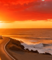 夕阳下沿海公路汽车行驶画面6943#横屏 