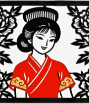 古风剪纸红衣女子与牡丹14082#横屏 