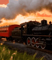 夕阳下田野中行驶的蒸汽火车6312#横屏 