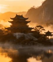 古风建筑山水日出景象7884#横屏 