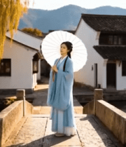 古风女子持伞立于水乡石桥12140#横屏 