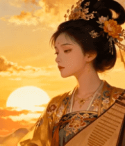 古风女子夕阳下弹奏琵琶718#横屏 