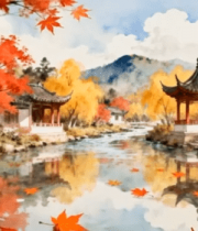 古风秋景中式亭台楼阁山水画面14836#横屏 