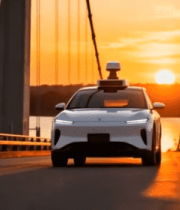 夕阳下桥上行驶的自动驾驶汽车13887#横屏 