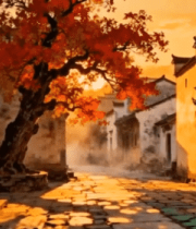 古村落夕阳下红枫街道景象6051#横屏 