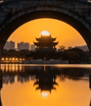 拱桥下古建筑日出景象9151#横屏 