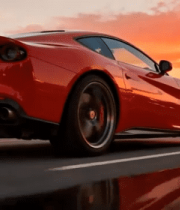 夕阳下红色跑车街道行驶2544#横屏 