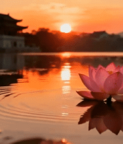 夕阳下荷塘荷花古建筑景观5540#横屏 