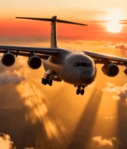 夕阳下客机飞行于云海之上372#横屏 