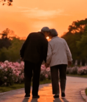 夕阳下老年夫妇漫步花丛小径5717#横屏 