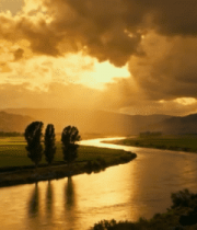 夕阳下河流田野自然风光6022#横屏 