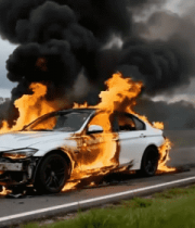 	 公路上燃烧的白色轿车5465#横屏 