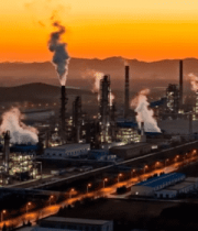夕阳下冒烟的工厂全景64#横屏 