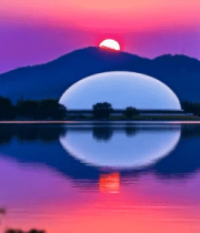 夕阳下湖面与山景的风光1586#横屏 