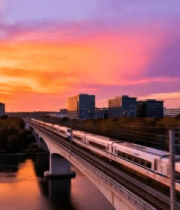 夕阳下高铁过桥景象3257#横屏 