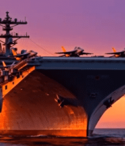 夕阳下海洋中的航空母舰4725#横屏 