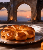 夕阳下古景前的烘焙面包4051#横屏 