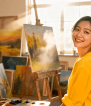 工作室中微笑的女画家970#横屏 