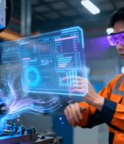 工人在工厂操作虚拟界面设备3893#横屏 