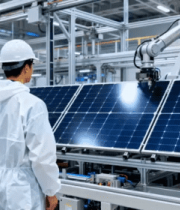 工人查看太阳能板生产设备10950#横屏 