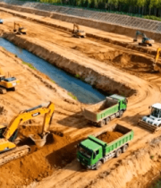 	 工地挖掘机与工程车施工场景8689#横屏 