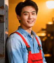 工厂年轻工人微笑倚靠机器3037#横屏 