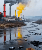 工厂旁河流污染景象9057#横屏 
