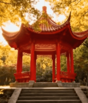 夕阳下的中式红亭与树林8666#横屏 