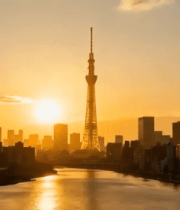 夕阳下城市河流与高塔景观2442#横屏 