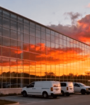 夕阳下玻璃幕墙建筑与车辆8053#横屏 