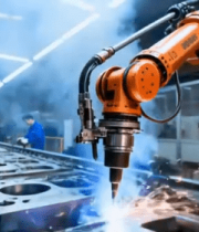 工厂工人与机械臂协同焊接1967#横屏 