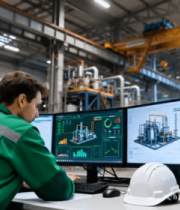 工厂工程师操作多屏幕监控设备14914#横屏 