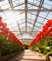 温室中盛开的红色郁金香1381#横屏 