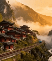 高铁穿行古建筑山间美景1751#横屏 