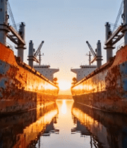 港口两艘货船日落景象8989#横屏 