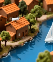 微缩村庄水边房屋与帆船景观7525#横屏 
