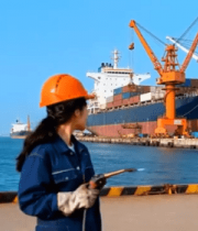 港口女工人手持焊枪工作画面1342#横屏 