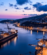 港口货轮黄昏全景7836#横屏 