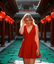 外国女子中式庭院中穿红裙漫步3661#横屏 