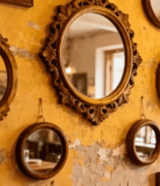 复古墙面装饰圆形木框镜子2933#横屏 