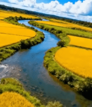 田野间河流旁金黄稻田景象383#横屏 