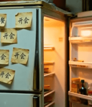 贴有便签的打开冰箱11278#横屏 