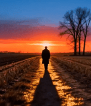 田野中人物夕阳下独自行走1423#横屏 