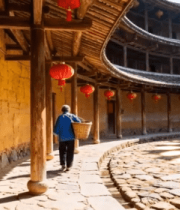 福建土楼内行人挎篮行走画面6169#横屏 