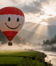 田野上空带笑脸图案的热气球12991#横屏 