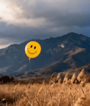 田野间笑脸气球与远山风景10443#横屏 