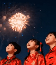 	 儿童着汉服赏烟花灯笼场景1116#横屏 