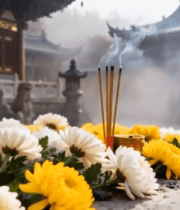 寺庙前供台上的菊花与香烛6070#横屏 